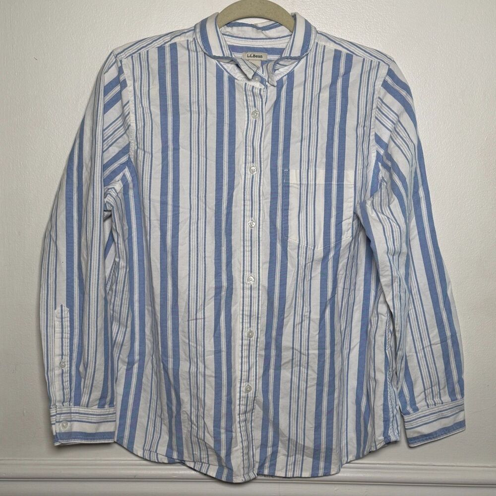 Coastal LL Bean Blue White Striped Long Sleeve Button-Up Shirt Organic Cotton MP